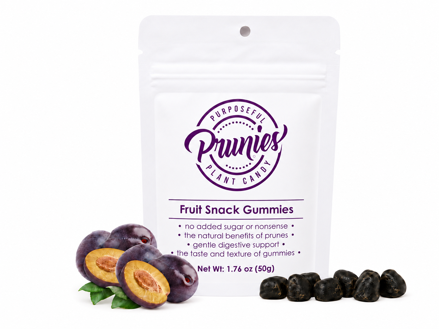 A white stand-up pouch of Prunies Plant Candy Fruit Snack Gummies, shown with whole and halved dark purple prunes and a few loose gummies on a white background.