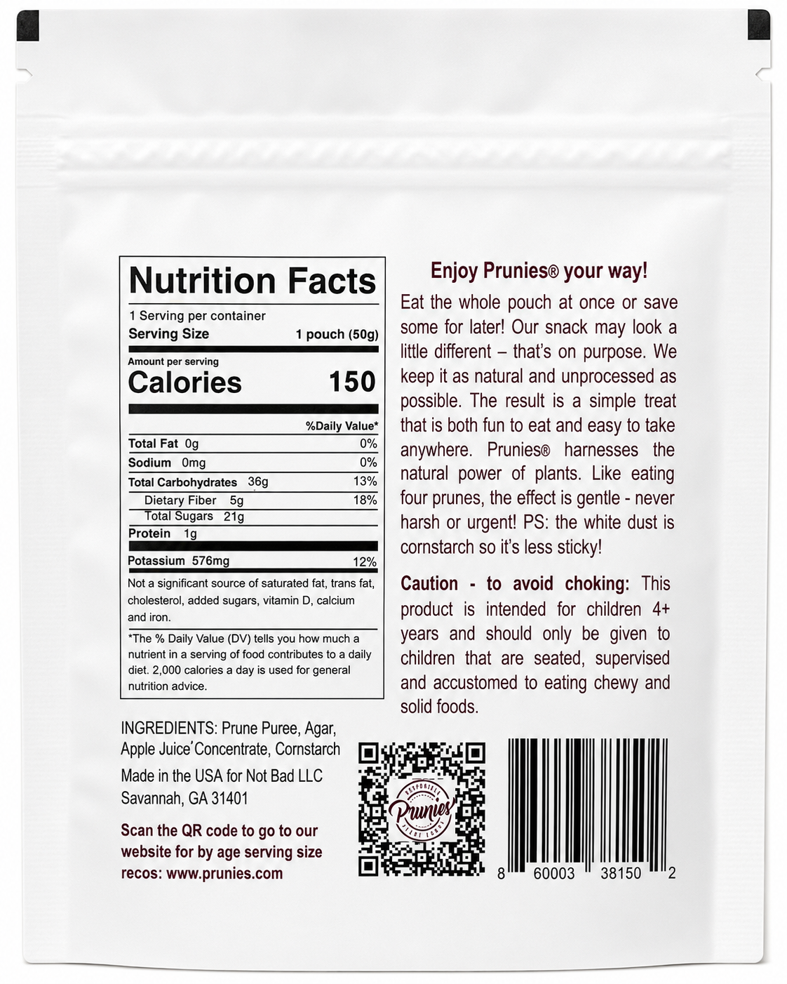 Back of a Prunies pouch showing nutrition facts, ingredients, QR code, and usage instructions on a white background.