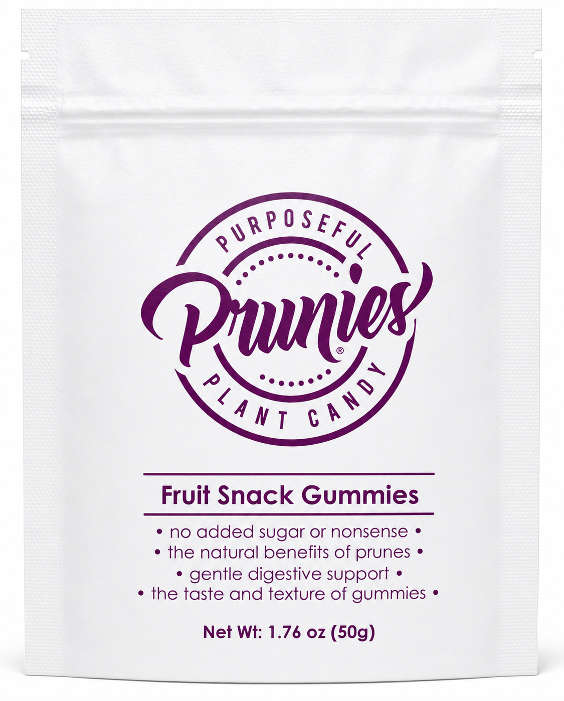 A white stand-up pouch of Prunies Fruit Snack Gummies with a purple circular logo and product text on a white background.