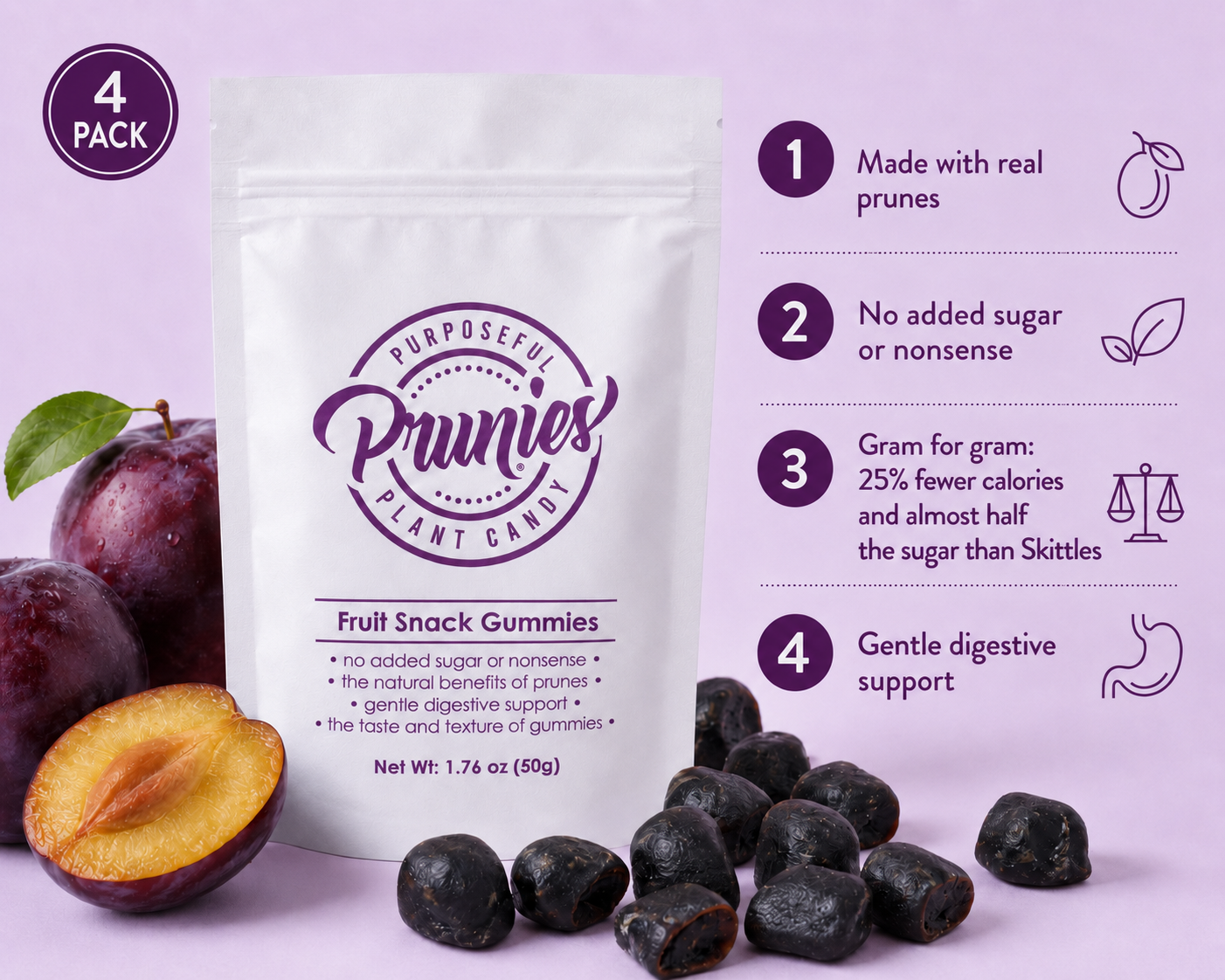 A 4-pack of Prunies Fruit Snack Gummies in a white stand-up pouch, shown with whole and halved plums, loose dark prunes, and a purple informational graphic listing four benefits on a light purple background.