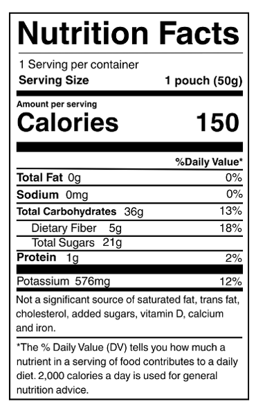 A Nutrition Facts label for a single pouch, showing serving size 1 pouch (50g), 150 calories, and nutrient rows for total fat, sodium, total carbohydrates, dietary fiber, total sugars, protein, and potassium on a white background.