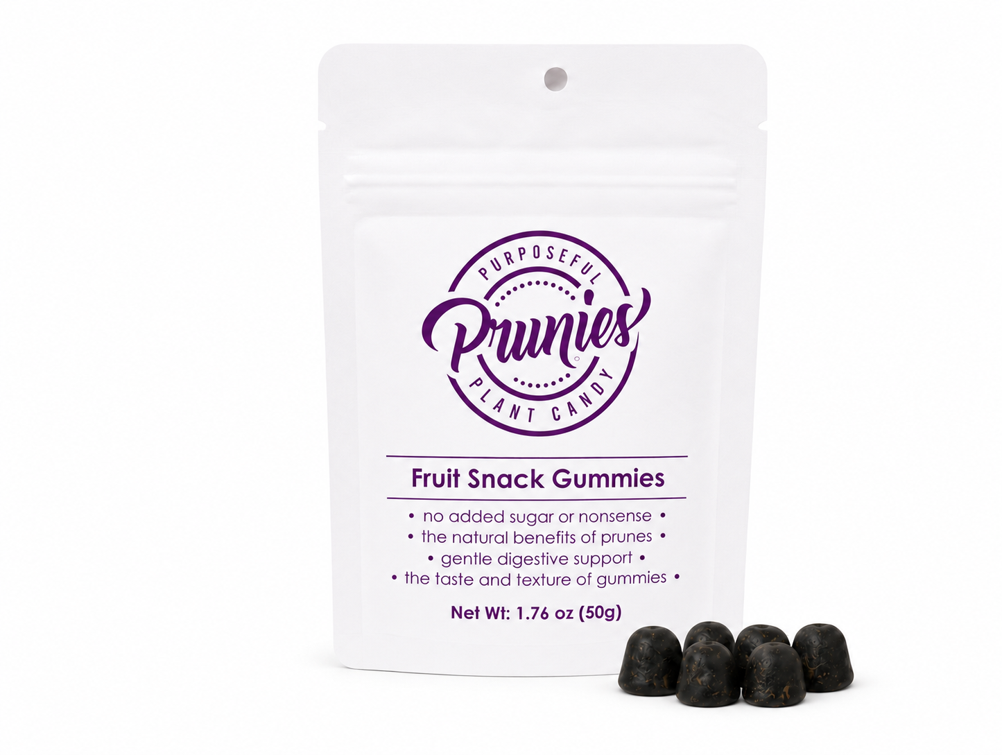 A white stand-up pouch of Prunies Fruit Snack Gummies with purple printed branding and text, shown on a white background with four dark gummy candies in front.